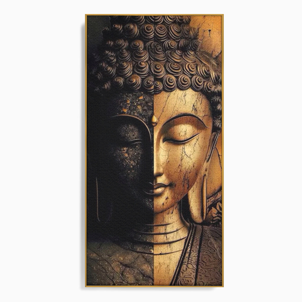 Tablou canvas cu tablou canvas cu chipul lui buddha in doua culori, in rama de aluminiu auriu